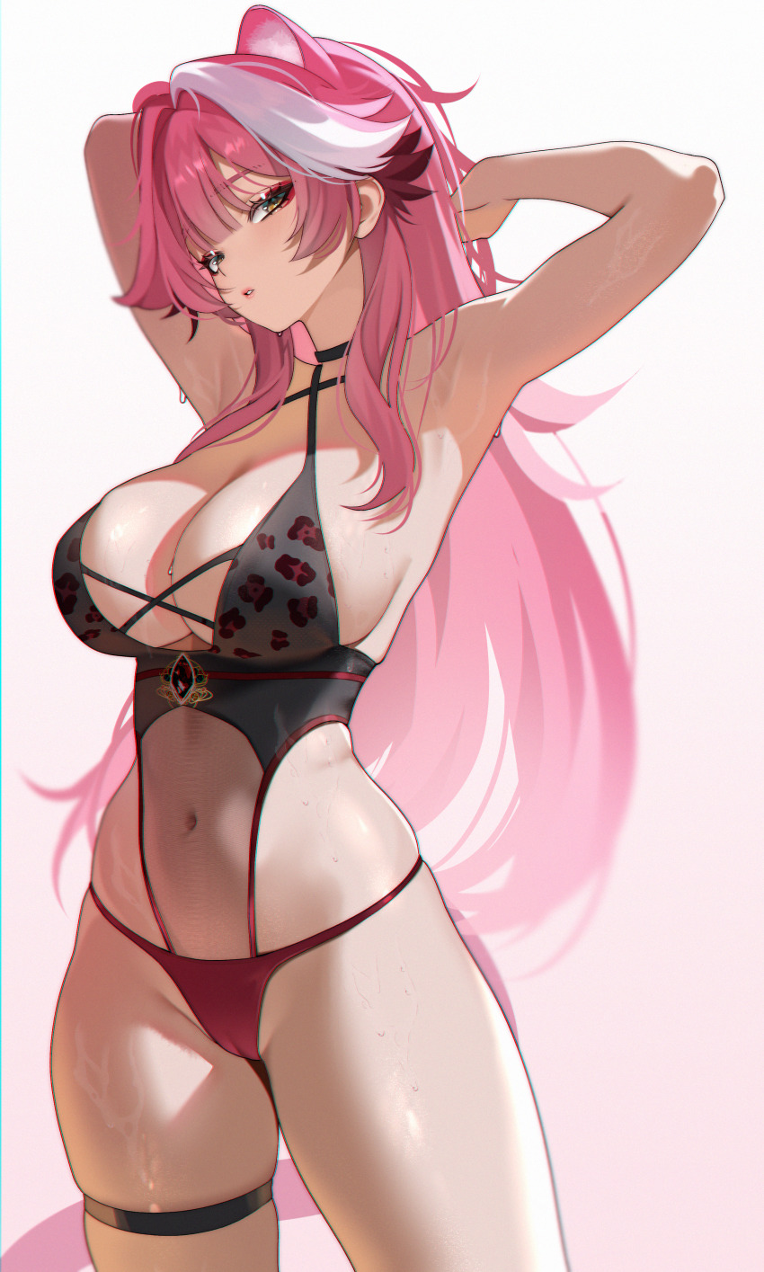 1girl, absurdres, animal_ears, animal_print, armpits, arms_up, bikini, black_bikini