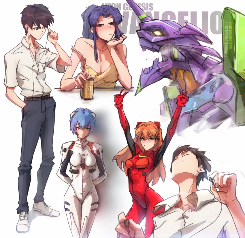 1boy, 3girls, absurdres, arms_behind_back, arms_up, ayanami_rei, black_hair, blue_eyes, blue_hair, blunt_bangs, blush, bodysuit, brown_hair, camisole, closed_eyes, collared_shirt, commentary, copyright_name, double_v, drunk, evangelion_(mecha), hand_in_pocket, head_rest, highres, holding_earbud, ikari_shinji, instagram_logo, instagram_username, katsuragi_misato, long_hair, mecha_pilot_suit, multiple_girls, multiple_views, neon_genesis_evangelion, orange_hair, plugsuit_(evangelion), ponytail, red_bodysuit, school_uniform, shirt, short_hair, sidelocks, souryuu_asuka_langley, stephengiannart, twitter_logo, twitter_username, v, white_bodysuit, white_shirt, yellow_camisole