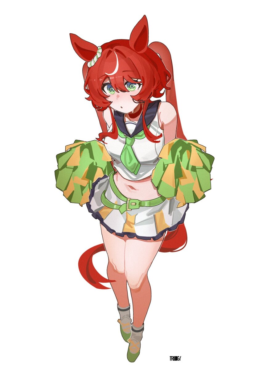 1girl, animal_ears, black_sailor_collar, cheerleader, from_above, full_body, green_eyes, highres, holding, holding_pom_poms, horse_ears, horse_girl, horse_tail, long_hair, midriff, pom_pom_(cheerleading), pom_poms, red_hair, sailor_collar, shirt, simple_background, skirt, solo, standing, tail, tr1logy, twintails, umamusume, white_background, white_shirt, white_skirt, win_variation_(umamusume)