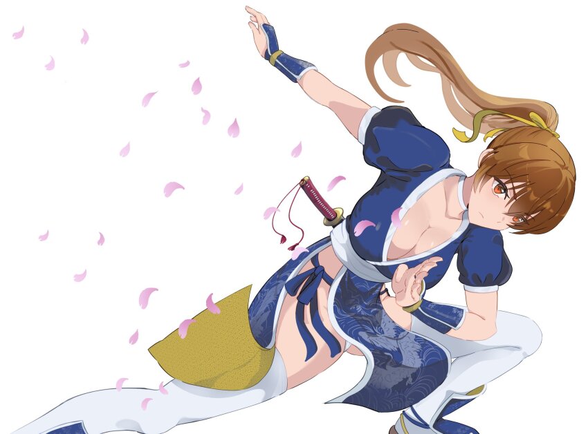 1girl, breasts, brown_eyes, brown_hair, cleavage, dead_or_alive, falling_petals, hidora1716