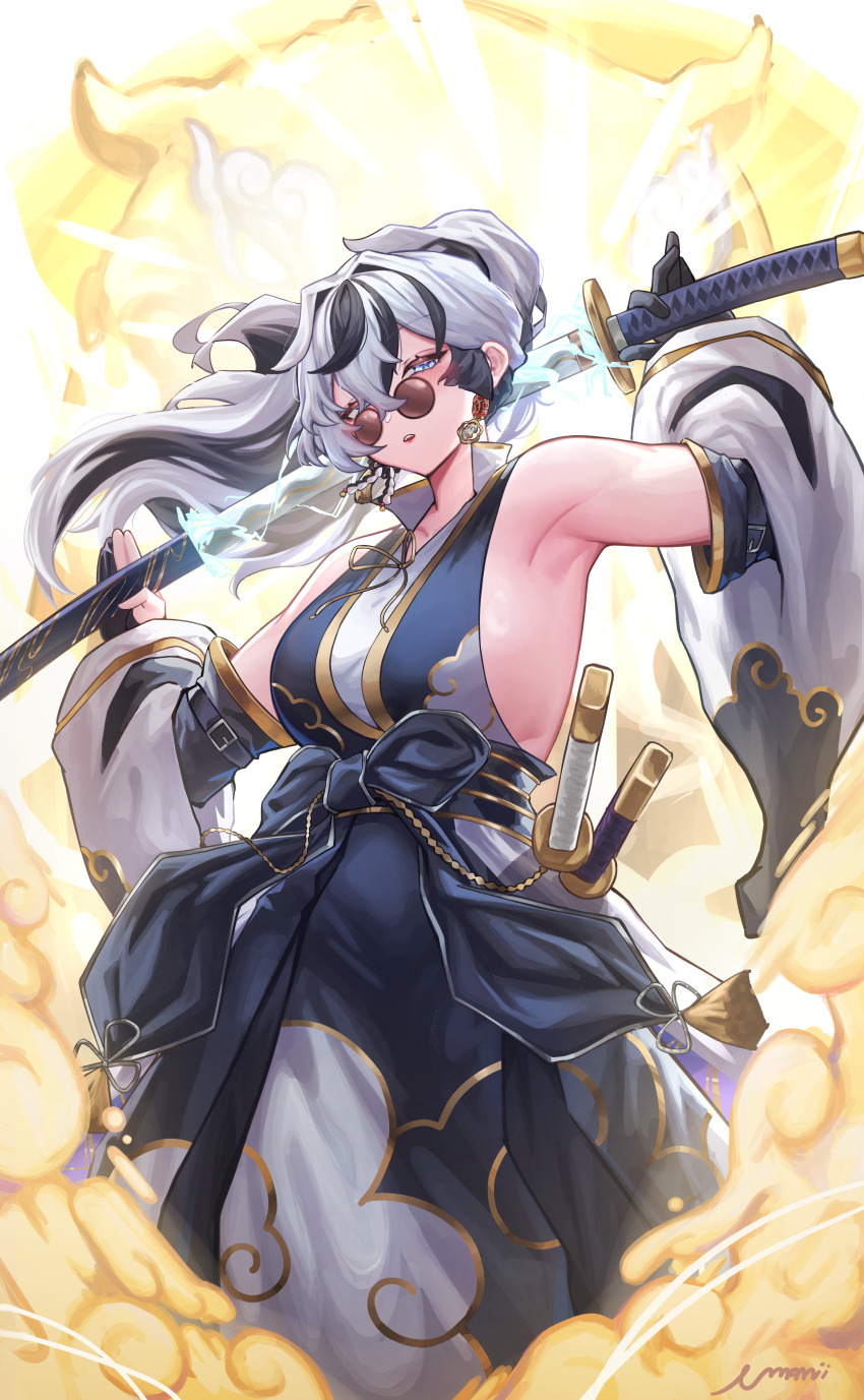 1girl, absurdres, algorhythm_project, armpits, baku_(algorhythm_project), black_dress, black_gloves, black_hair