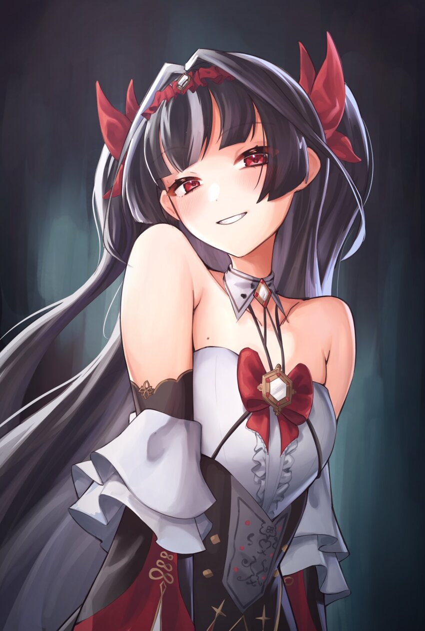 1girl, algorhythm_project, ayna_(algorhythm_project), black_hair, black_sleeves, blush, bow, bowtie