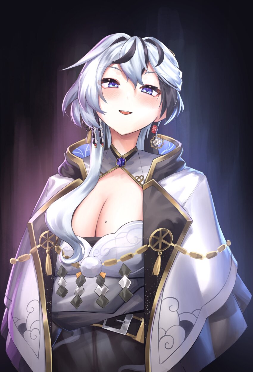 1girl, algorhythm_project, baku_(algorhythm_project), black_hair, blue_eyes, breasts, cape, crossed_arms