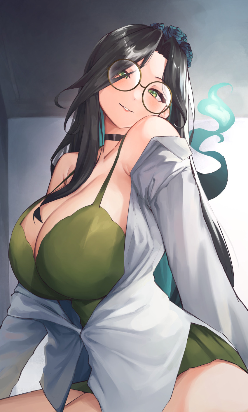 1girl, absurdres, algorhythm_project, black_hair, breasts, commentary, dress, english_commentary