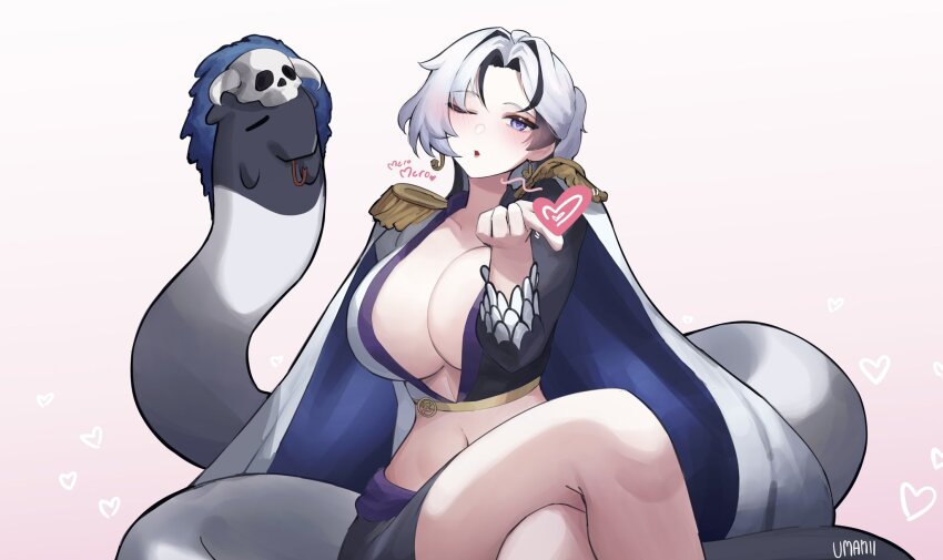 1girl, algorhythm_project, armpits, baku_(algorhythm_project), black_hair, blue_eyes, boa_hancock, boa_hancock_(cosplay), breasts, cape, cosplay, crop_top, earrings, highres, jewelry, large_breasts, long_hair, midriff, multicolored_hair, one_eye_closed, one_piece, snake, snake_earrings, solo, streaked_hair, umamii, virtual_youtuber, white_cape, white_hair