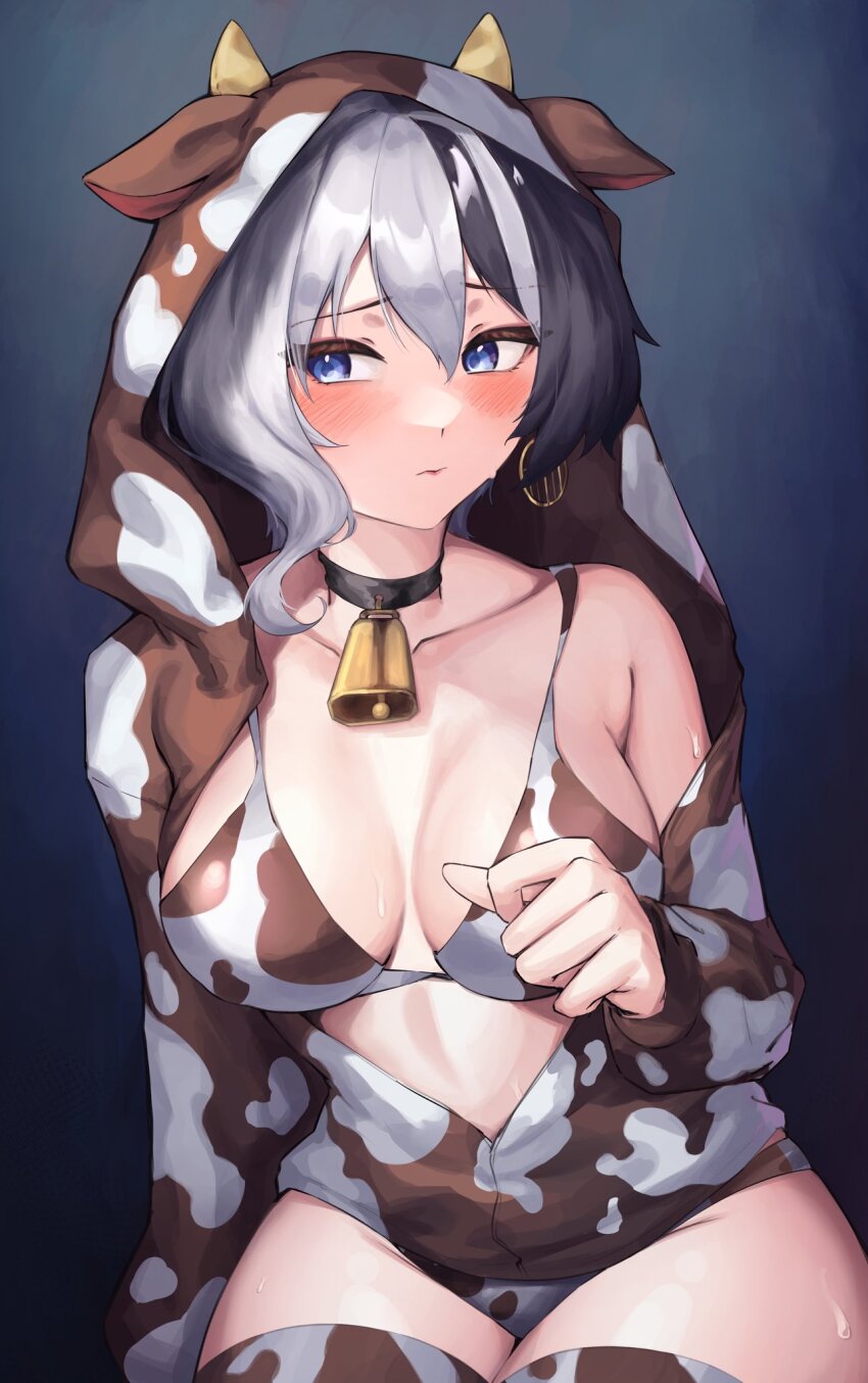 1girl, algorhythm_project, animal_costume, animal_print, baku_(algorhythm_project), bikini, black_hair, blue_eyes, breasts, brown_bikini, brown_hood, closed_mouth, cow_costume, cow_hood, cow_print, cow_print_bikini, cow_print_jacket, cow_print_thighhighs, grey_hair, highres, jacket, large_breasts, multicolored_hair, print_bikini, print_jacket, print_thighhighs, solo, split-color_hair, swimsuit, thighhighs, two-tone_hair, umamii, virtual_youtuber, white_bikini