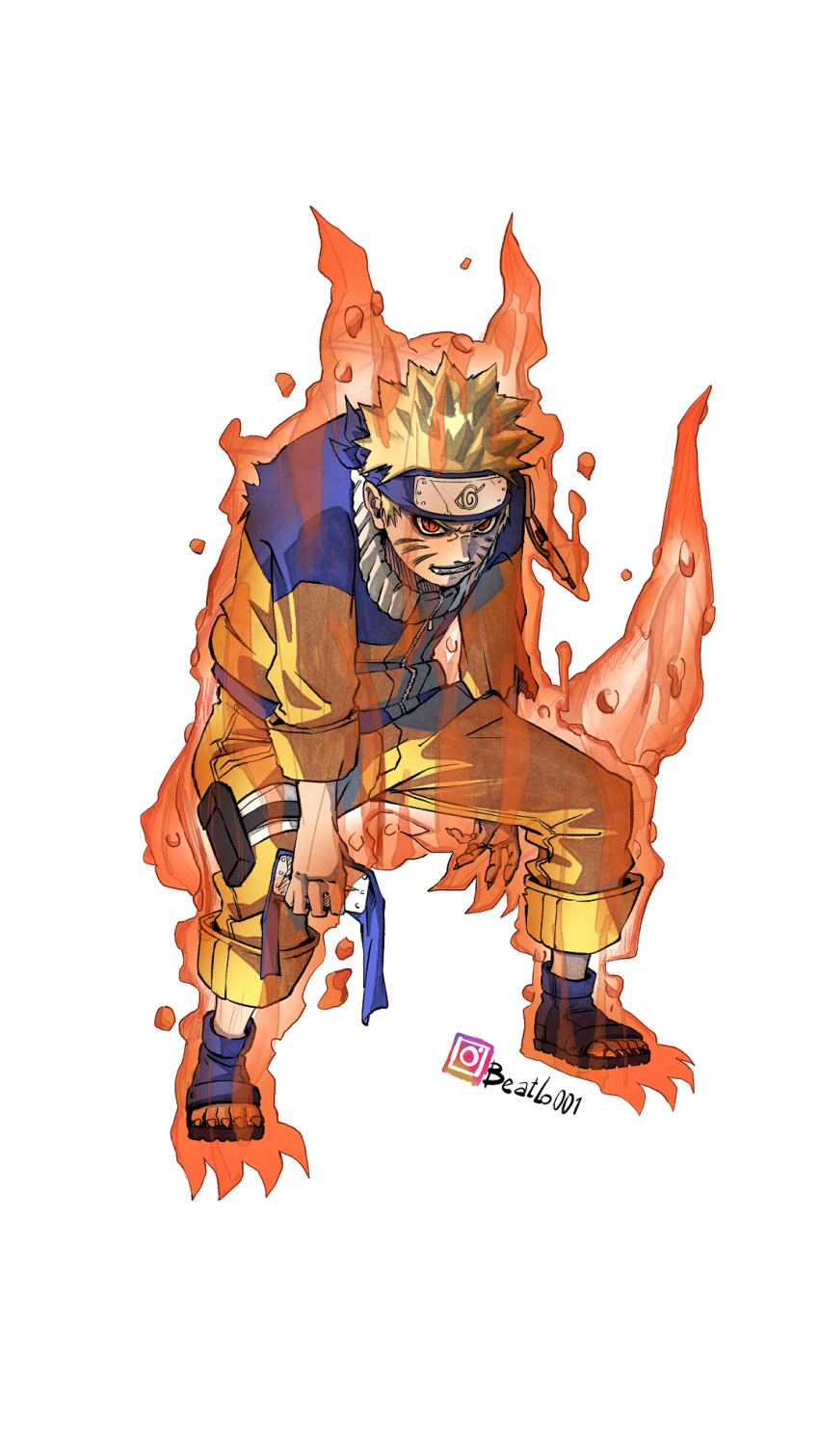 1boy, aura, beatlo_(rodrigo38658978), blonde_hair, facial_mark, fangs, forehead_protector, full_body