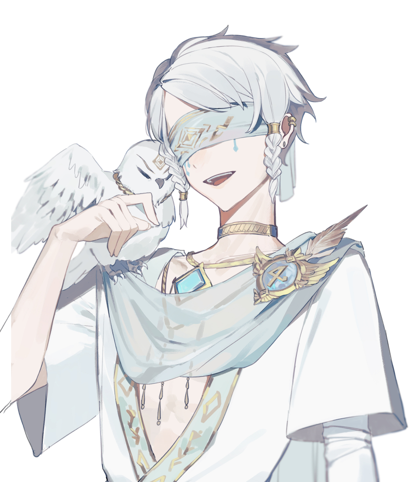 1boy, :d, absurdres, bandaged_arm, bandages, bird, blindfold, braid