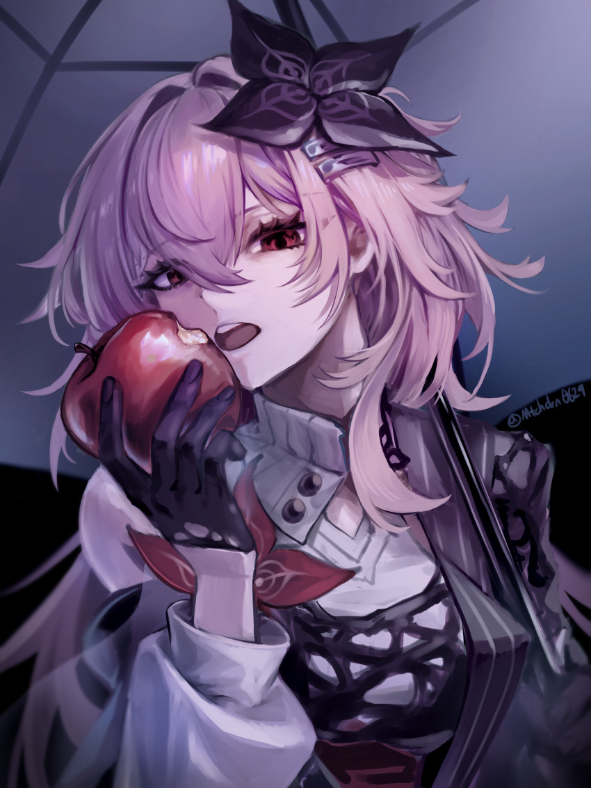 1girl, absurdres, apple, black_jacket, evernight_(honkai:_star_rail), food, fruit, hair_ornament