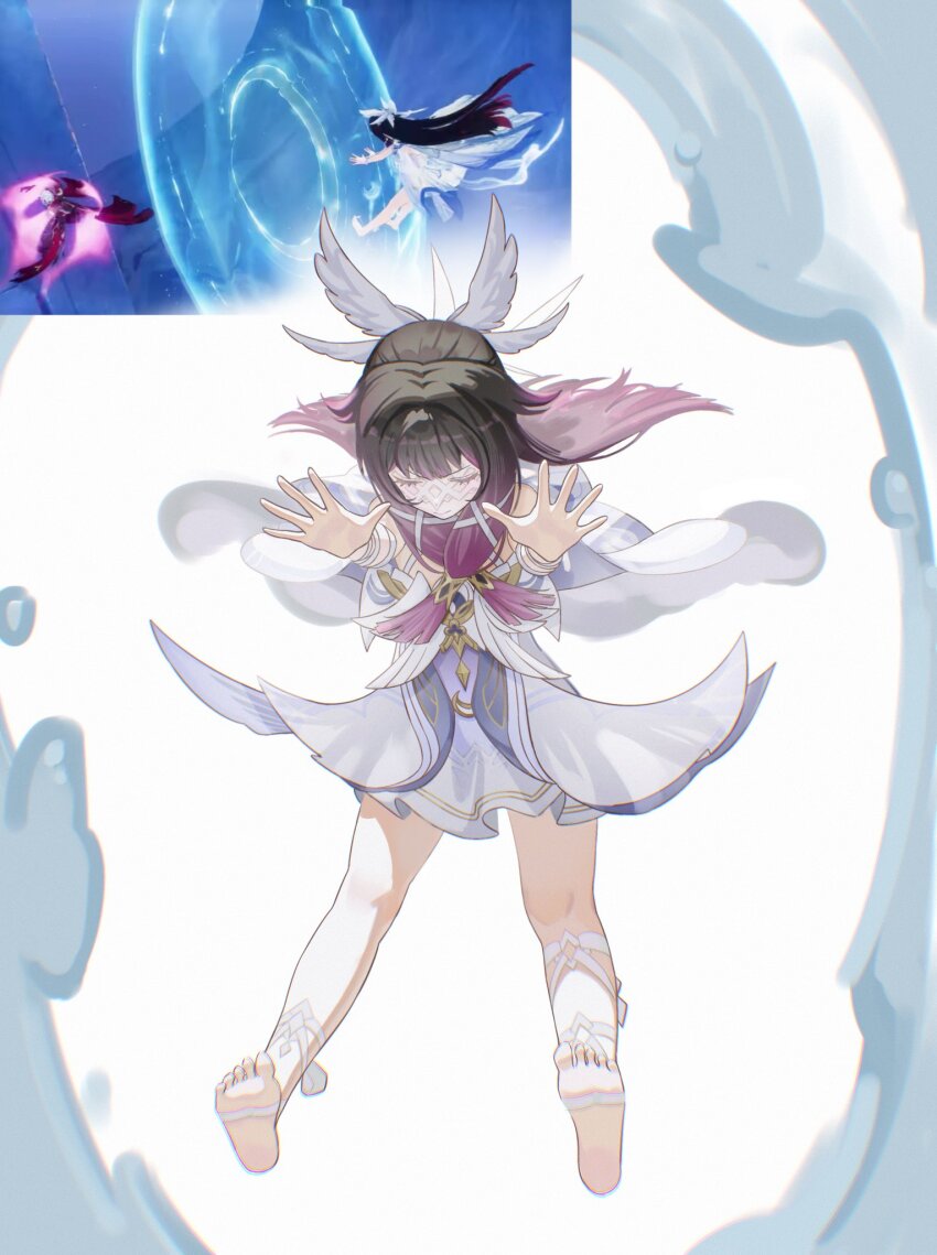 1girl, barefoot, big_itachi, black_hair, closed_eyes, closed_mouth, columbina_(genshin_impact), dress