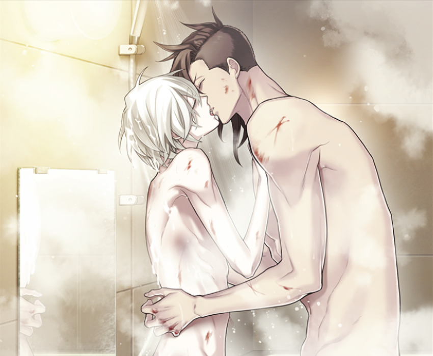 2boys, baku_(slow_damage), bathroom, black_hair, blood, closed_eyes, cuts, game_cg