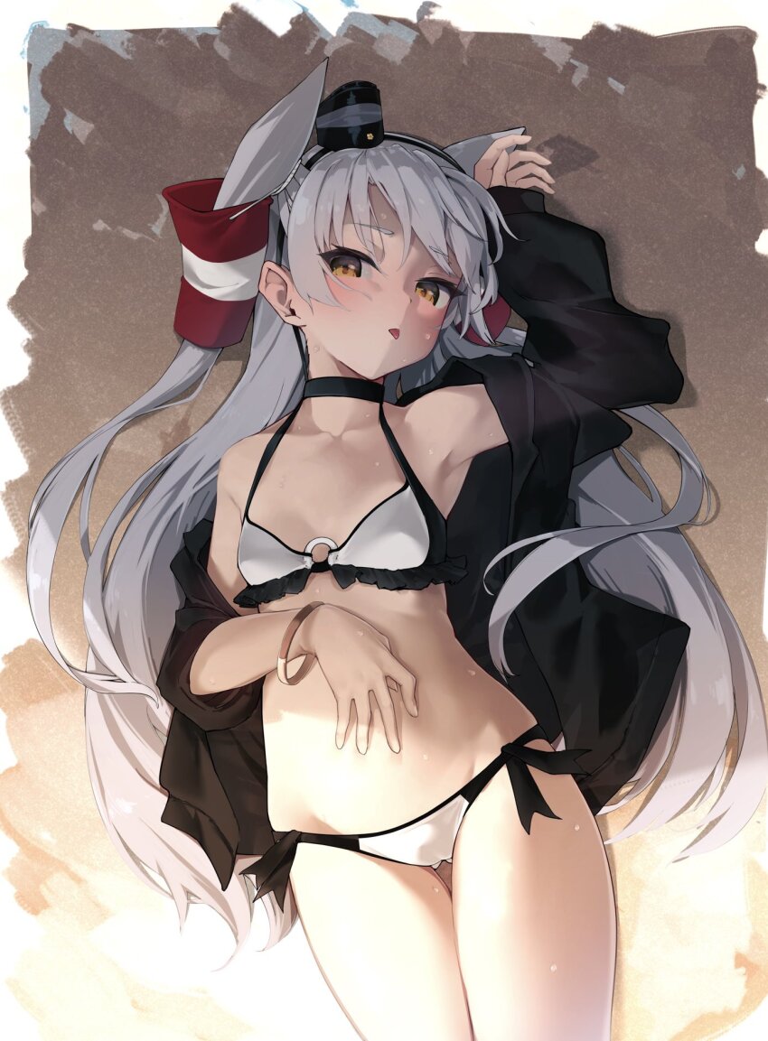 1girl, :p, amatsukaze_(kancolle), amatsukaze_(swimsuit)_(kancolle), bangle, bikini, blush, bracelet