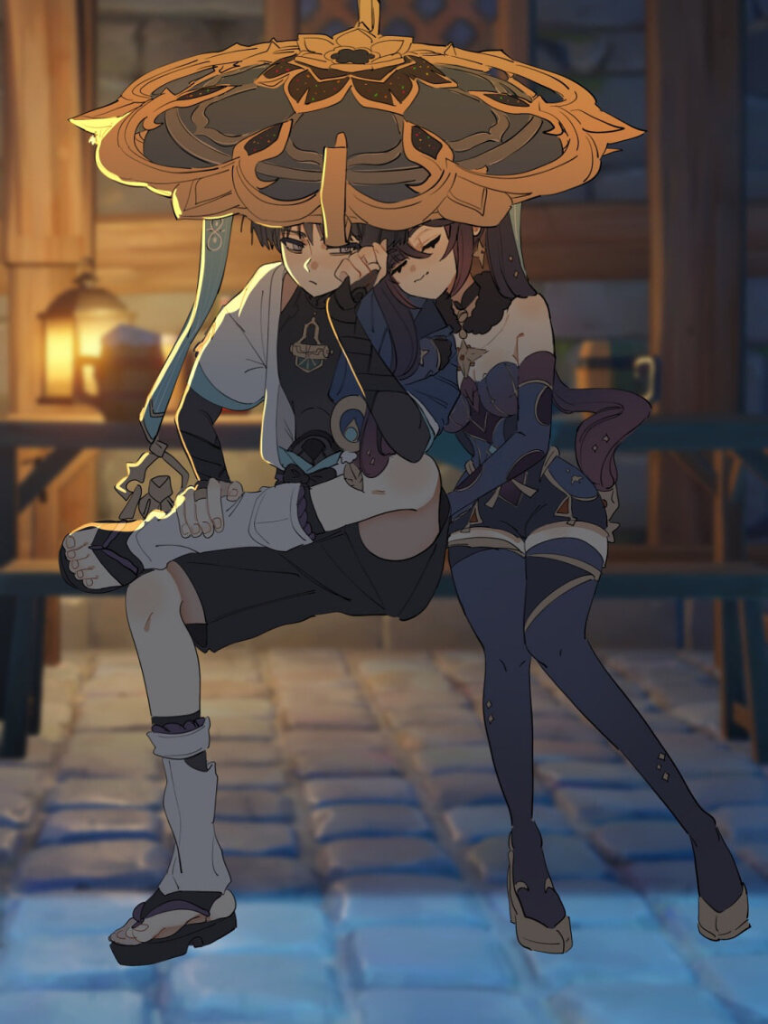 1boy, 1girl, armor, asymmetrical_bangs, bare_shoulders, bench, black_bodysuit, black_bridal_gauntlets