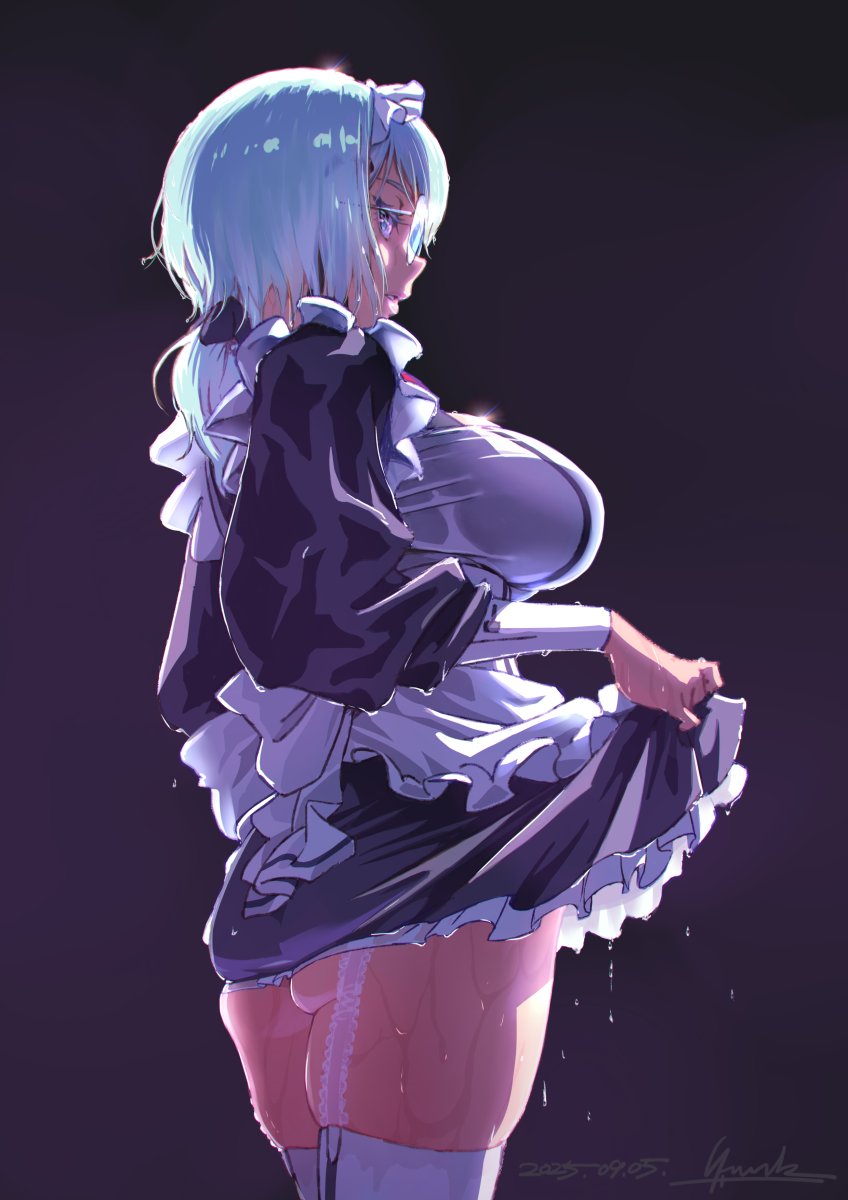 1girl, alternate_costume, apron, ass, ass_peek, black_background, black_dress, blue_eyes, blue_hair, breasts, character_request, check_character, clothes_lift, commentary, cowboy_shot, dated, dress, dress_lift, enmaided, frilled_apron, frilled_dress, frills, from_side, garter_straps, gradient_background, gundam, gundam_exa_vs, gundam_extreme_vs._2, gundam_n-extreme, highres, large_breasts, lifting_own_clothes, lips, long_sleeves, maid, maid_apron, maid_headdress, morioka_yasuto, neia_e_pique, parted_lips, profile, short_dress, short_hair, signature, solo, thighhighs, thighs, wet, wet_clothes, wet_dress, white_apron, white_thighhighs