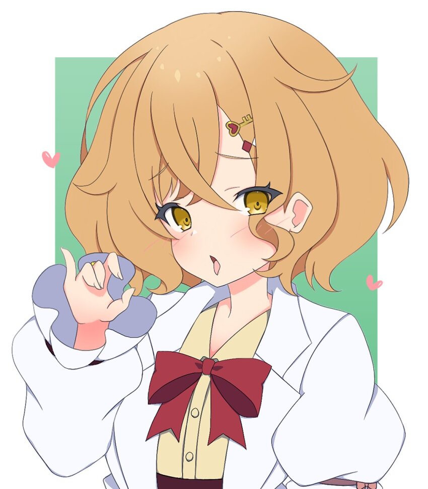 1girl, arm_at_side, assault_lily, blush, border, bow, bowtie, brown_hair