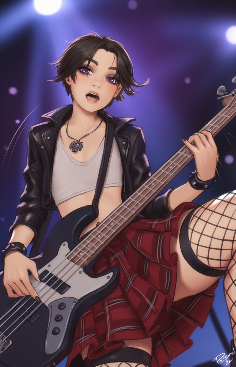 1girl, black_hair, black_jacket, black_thighhighs, commentary, cropped_jacket, electric_guitar, english_commentary