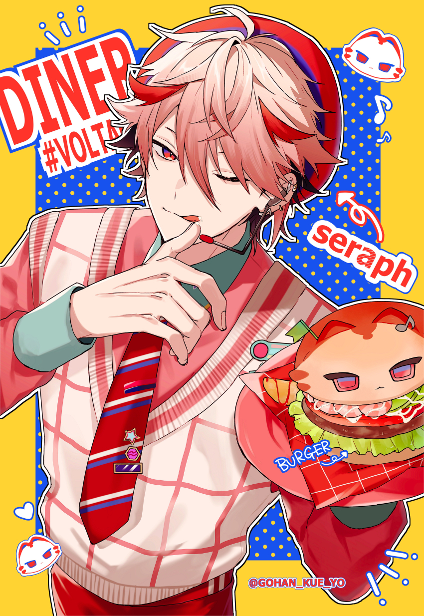 1boy, :q, absurdres, alternate_costume, animal-themed_food, arrow_(symbol), blue_background, blue_necktie