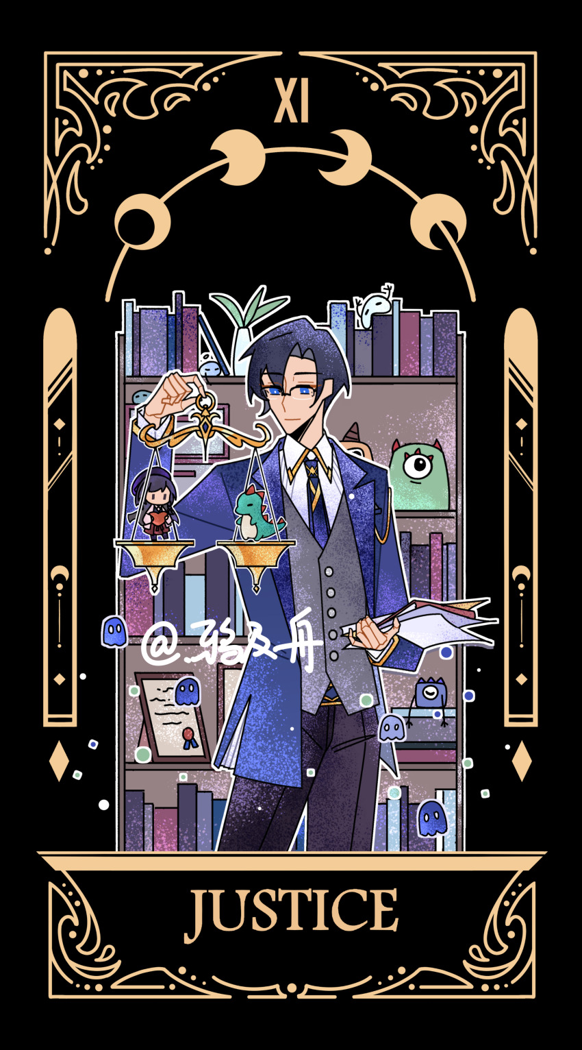 1boy, absurdres, balance_scale, black_background, black_pants, blue_eyes, blue_hair, blue_jacket, blue_necktie, book, bookshelf, card_(medium), character_doll, clarence_clayden, clarence_clayden_(everyday_outfit), closed_mouth, collared_shirt, cowboy_shot, curtained_hair, doll, english_text, glasses, grey_vest, hand_up, heroine_(lovebrush_chronicles), highres, holding, holding_book, holding_paper, holding_scale, jacket, justice_(tarot), long_sleeves, looking_to_the_side, lovebrush_chronicles, male_focus, mole, mole_under_eye, moon_phases, necktie, open_clothes, open_jacket, outline, pants, paper, parted_bangs, plant, roman_numeral, shirt, short_hair, simple_background, smile, solo, standing, stuffed_dinosaur, tarot, tarot_(medium), vase, vest, weighing_scale, white_outline, white_shirt, ya_ji_zhou