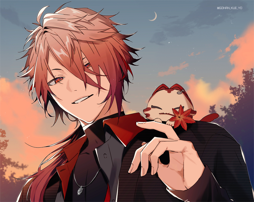 1boy, absurdres, animal, animal_on_shoulder, autumn_leaves, black_jacket, black_shirt, blue_sky