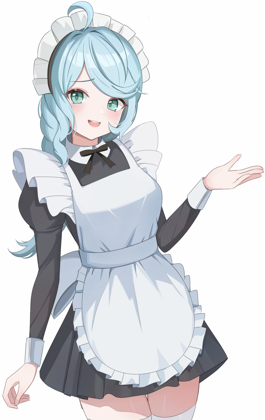 1girl, :d, absurdres, ahoge, alternate_costume, apron, aqua_eyes, aqua_hair