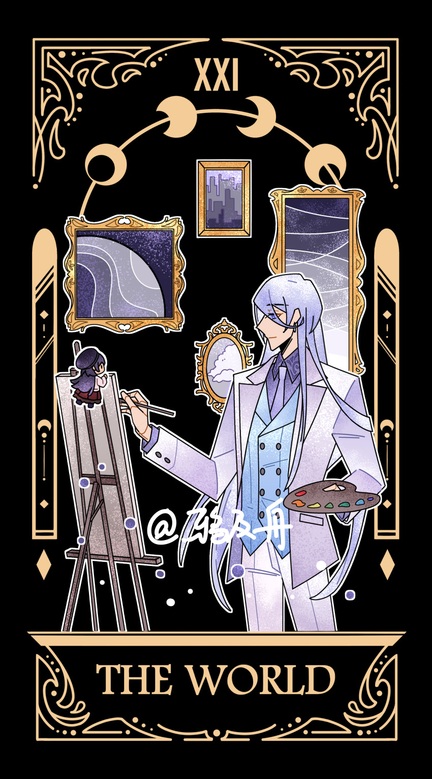 1boy, absurdres, black_background, blue_vest, cael_anselm, cael_anselm_(everyday_outfit), canvas_(object), card_(medium)