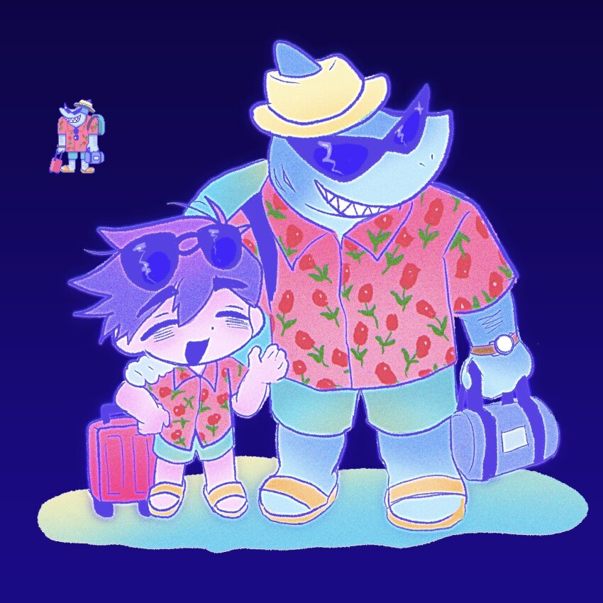 2boys, alternate_costume, antenna_hair, bag, blue_background, blue_shorts, blush, chibi