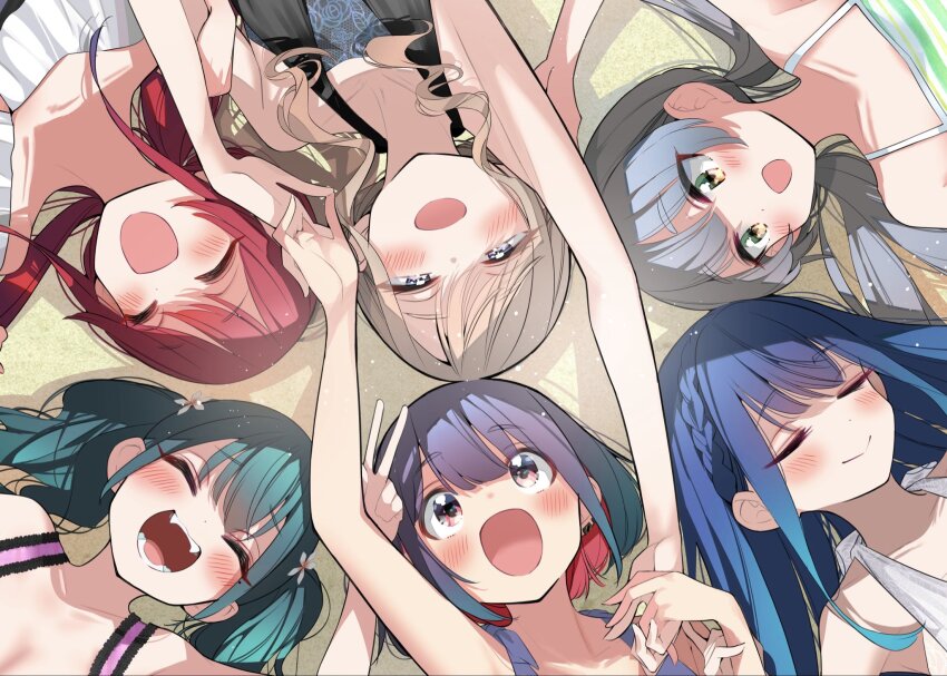 6+girls, bad_girl_(manga), bikini, black_bikini, black_hair, blue_hair, blush, braid