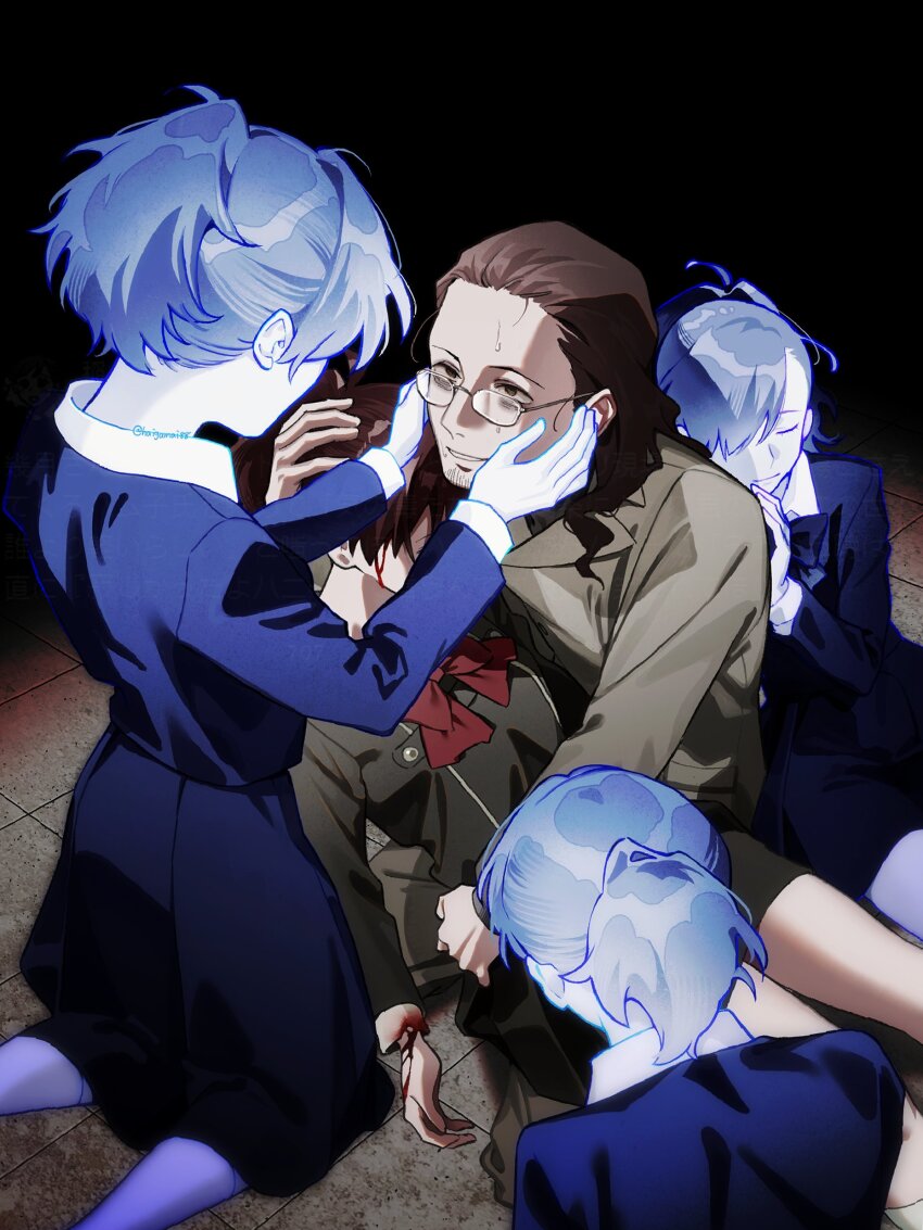 1boy, 4girls, absurdres, black_jacket, blood, blood_from_forehead, blood_on_hands, blood_on_sleeves