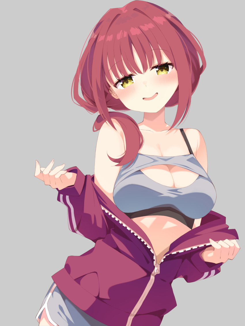 1girl, bare_shoulders, blush, breasts, cleavage, collarbone, commentary, cowboy_shot