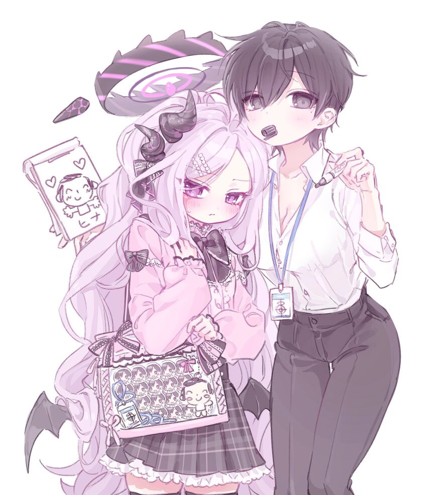 2girls, age_difference, alternate_costume, black_eyes, black_hair, black_pants, black_skirt, blue_archive, blush, bow, breasts, cleavage, commission, cowboy_shot, doodle_sensei_(blue_archive), dress_shirt, female_sensei_(blue_archive), frilled_skirt, frills, genderswap, genderswap_(mtf), hair_bow, hair_ornament, hairclip, halo, highres, hina_(blue_archive), holding, holding_marker, horns, itabag, jirai_kei, long_hair, long_sleeves, low_wings, marker, mipi_(u3u_00), mouth_hold, multiple_girls, onee-loli, oshikatsu, pants, parted_bangs, pink_shirt, plaid_clothes, plaid_skirt, pleated_skirt, purple_eyes, purple_hair, second-party_source, sensei_(blue_archive), shirt, shirt_tucked_in, short_hair, simple_background, skirt, thighhighs, very_long_hair, wavy_hair, white_background, white_shirt, wings