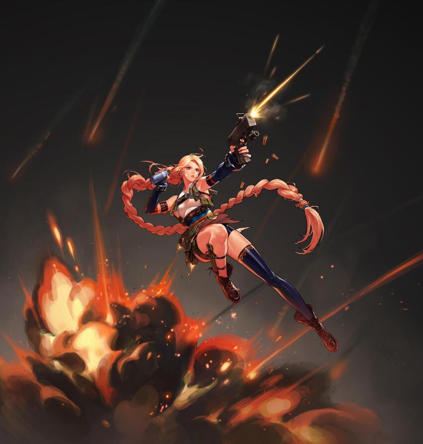 1girl, absurdres, belt, belt_buckle, black_boots, black_gloves, boots, braid