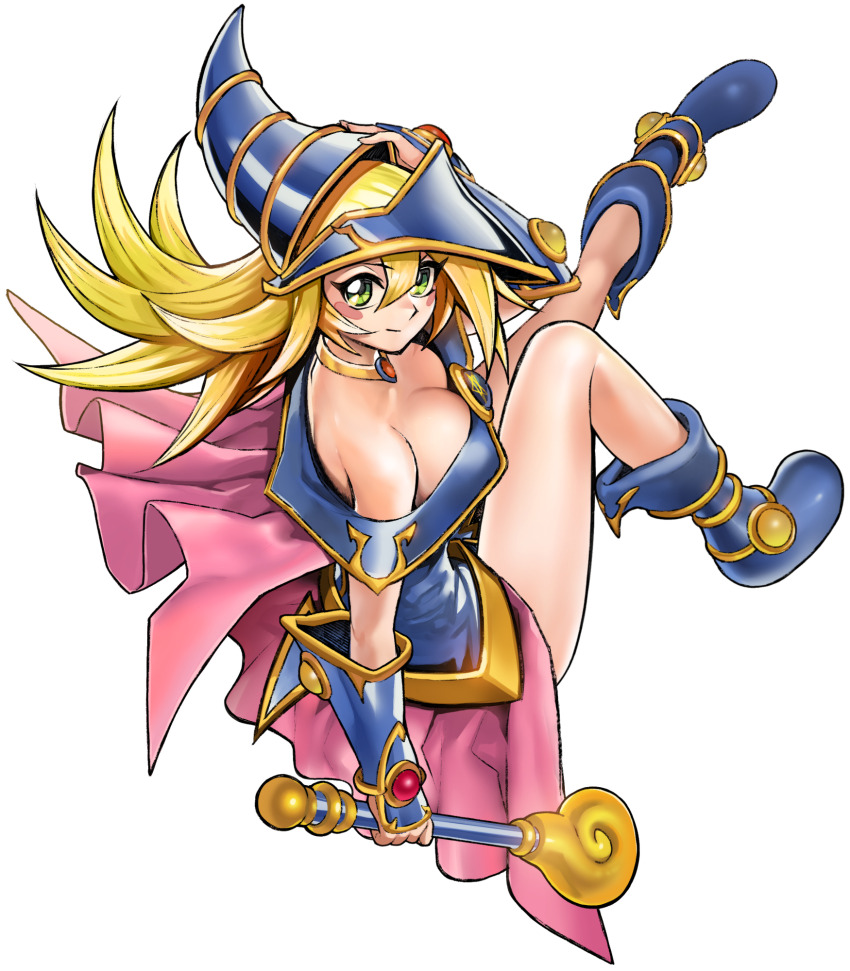 1girl, anonymous_(yu-gi-oh!), bare_shoulders, blonde_hair, blue_boots, blue_hat, blush_stickers, boots