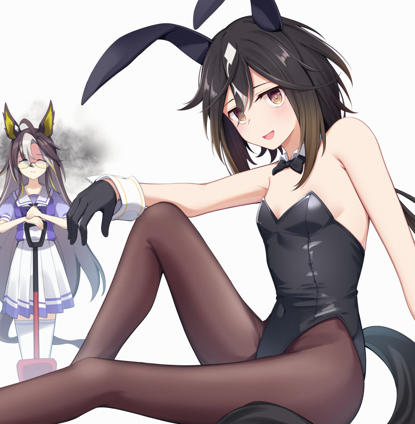 2girls, absurdres, animal_ear_hairband, animal_ears, black_bow, black_bowtie, black_gloves, black_hair, black_leotard, black_pantyhose, bow, bowtie, breasts, brown_eyes, brown_hair, detached_collar, dream_journey_(umamusume), ear_covers, fake_animal_ears, glasses, gloves, hairband, highres, horse_ears, horse_girl, horse_tail, kirino_mist, leotard, long_hair, looking_at_viewer, multicolored_hair, multiple_girls, pantyhose, playboy_bunny, rabbit_ears, school_uniform, shovel, small_breasts, smile, solo_focus, stay_gold_(umamusume), strapless, strapless_leotard, tail, tracen_school_uniform, umamusume, white_hair, wrist_cuffs