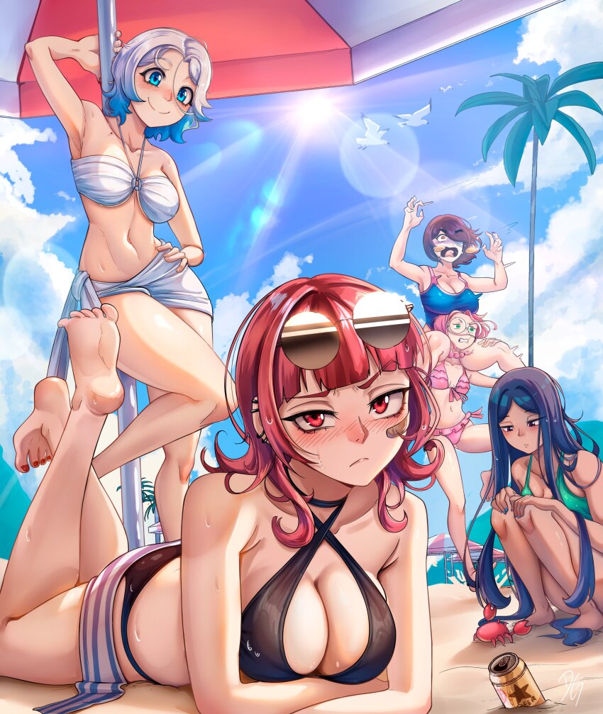 5girls, absurdres, arm_up, bandaid, bandaid_on_cheek, bandaid_on_face, beach, beach_umbrella