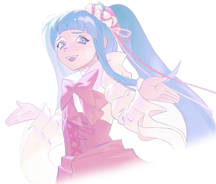 1girl, arms_up, blue_eyes, blue_hair, bow, commentary, english_commentary, furudo_erika