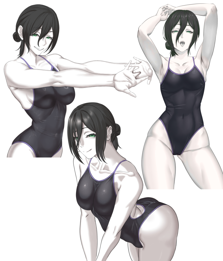 1girl, absurdres, armpits, arms_up, black_hair, black_one-piece_swimsuit, breasts, chainsaw_man