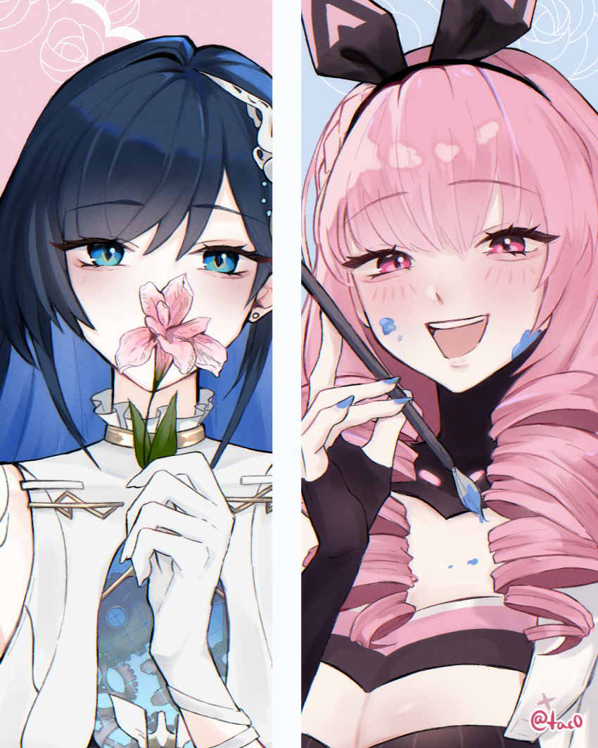 2girls, aegyo_sal, ayla:_kaleido_(pgr), ayla_(pgr), black_gloves, black_hairband, blue_eyes, blue_hair