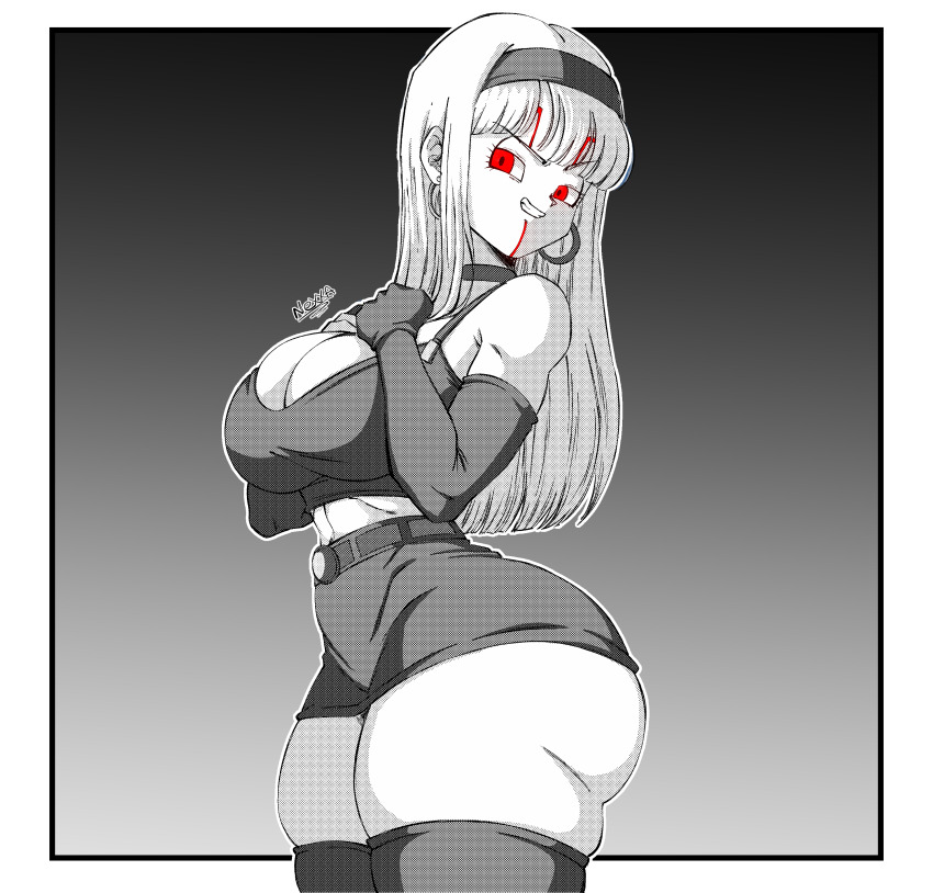 1girl, absurdres, ass, baby_(dragon_ball), belt, bra_(dragon_ball), breasts, crop_top, curvy, dragon_ball, dragon_ball_(classic), earrings, elbow_gloves, gloves, hairband, highres, huge_ass, jewelry, large_breasts, long_hair, looking_at_viewer, midriff_peek, nexx_art, nexxa, open_mouth, parasite, possessed, red_eyes, shorts, sidelocks, skindentation, smile, v-shaped_eyebrows, wide_hips