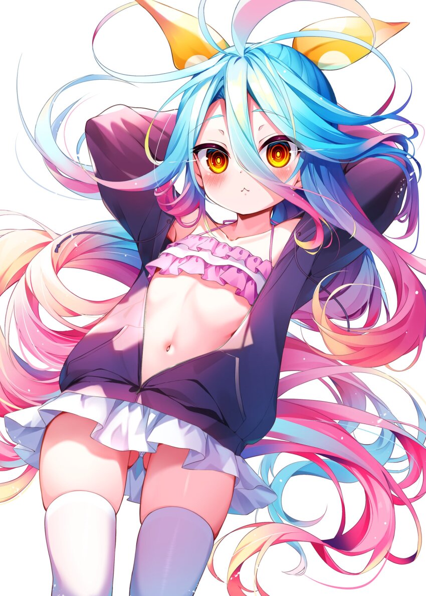 1girl, :<, absurdres, arms_behind_head, bikini, bikini_skirt, blonde_hair, blue_hair