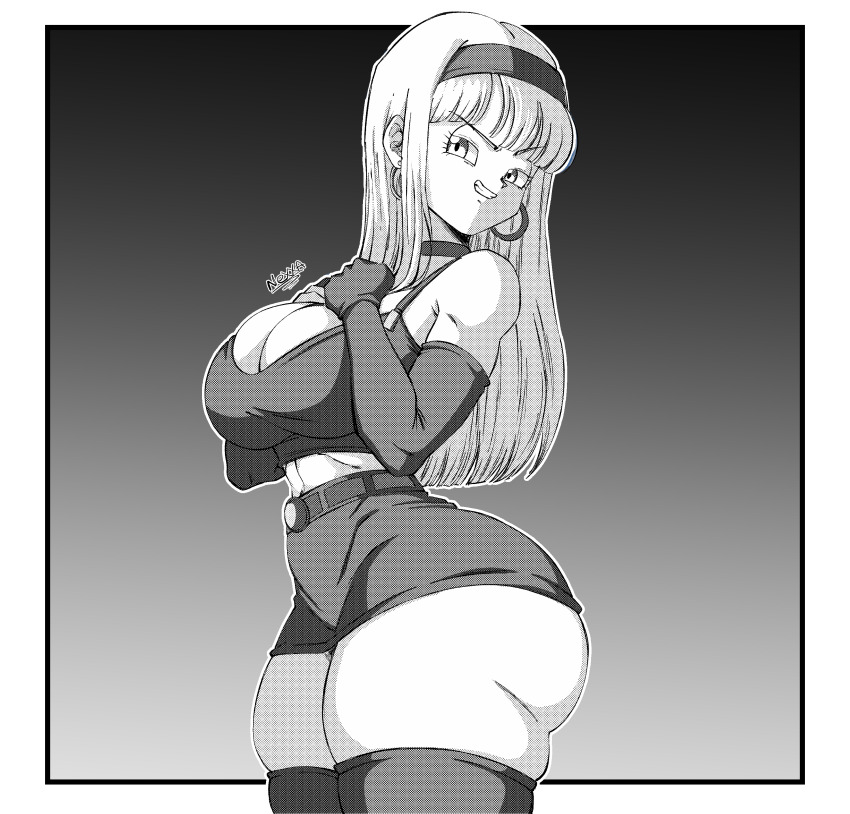 1girl, absurdres, ass, belt, bra_(dragon_ball), breasts, crop_top, dragon_ball, dragon_ball_(classic), earrings, elbow_gloves, gloves, hairband, highres, huge_ass, jewelry, large_breasts, long_hair, looking_at_viewer, midriff_peek, nexx_art, nexxa, open_mouth, shorts, sidelocks, skindentation, smile, v-shaped_eyebrows
