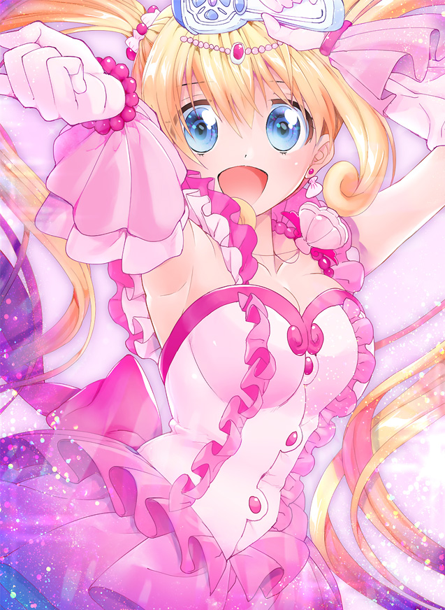 1girl, armpits, arms_up, blonde_hair, blue_eyes, breasts, cleavage, collarbone