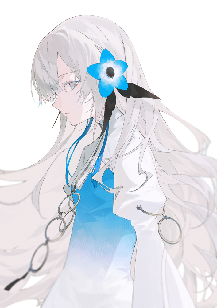 1girl, blue_flower, blue_hair, dress, expressionless, flower, grey_eyes, grey_hair