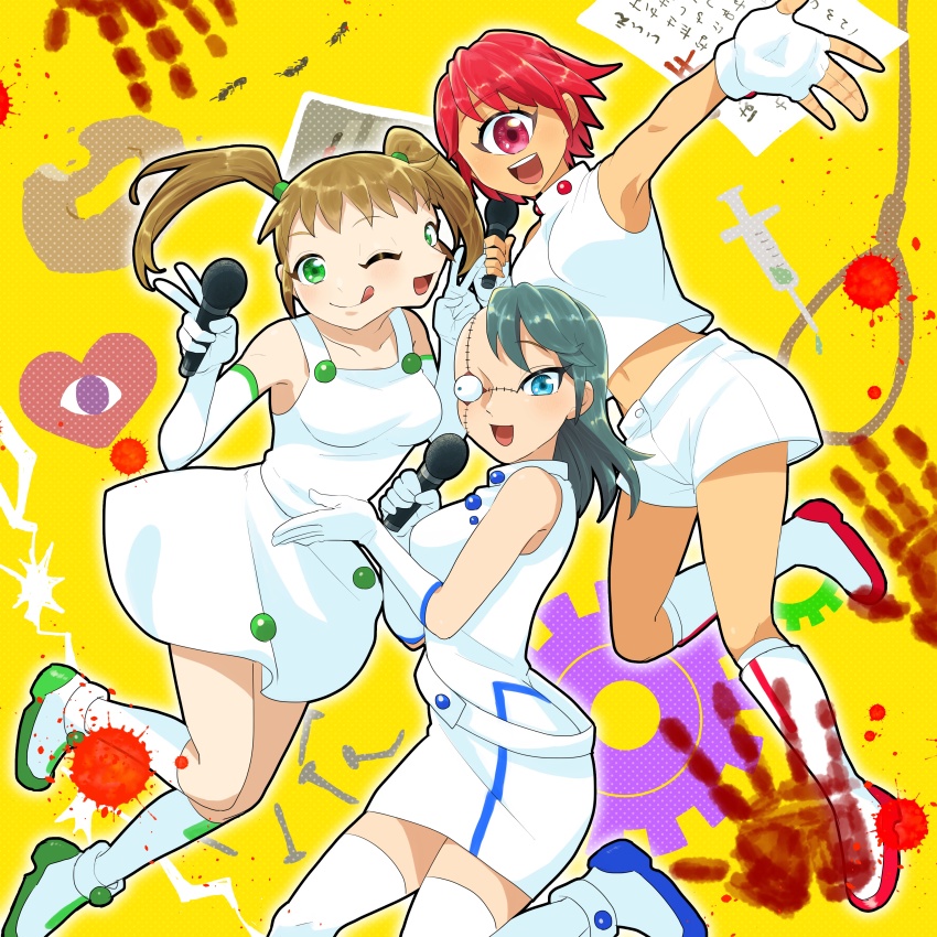 3girls, absurdres, asymmetrical_hair, belt, black_socks, blood, blood_splatter, blood_stain