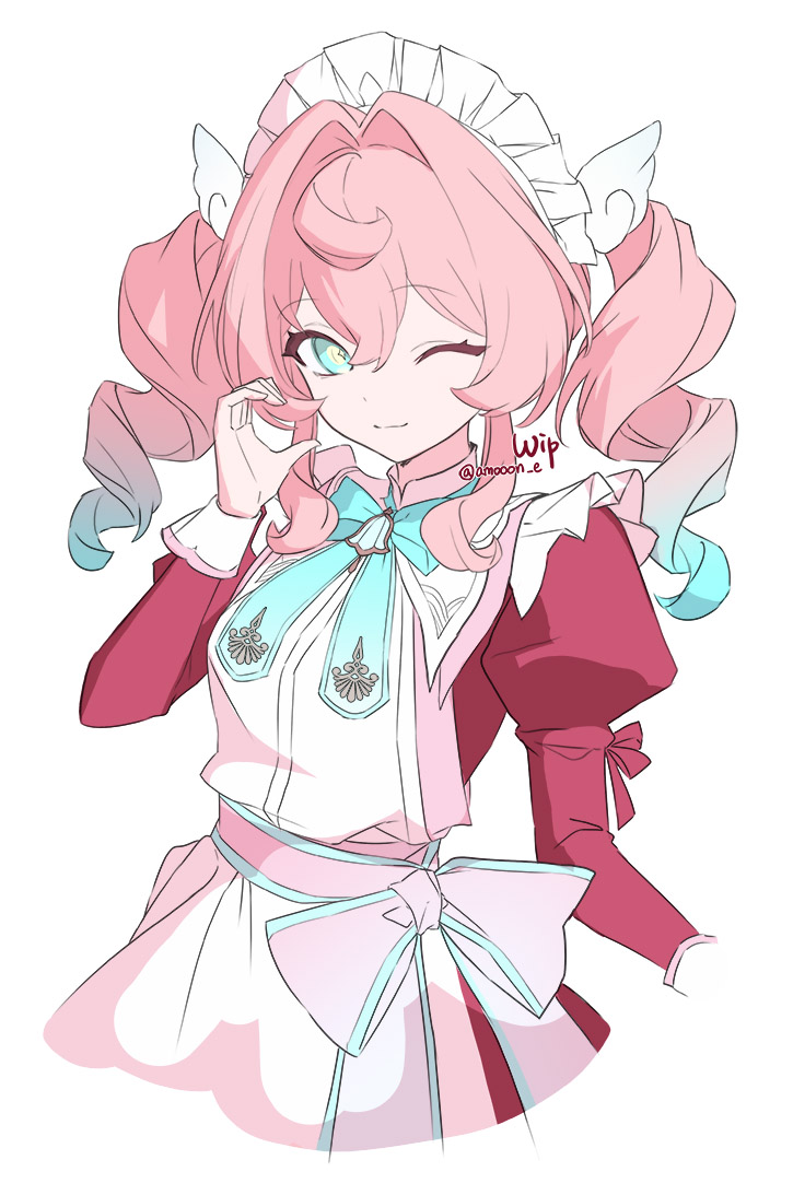 1girl, aamoooon_e, apron, aqua_bow, aqua_bowtie, aqua_eyes, aqua_hair, bow