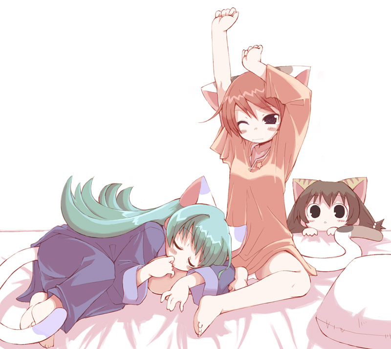 3girls, animal_ears, aqua_hair, barefoot, bed, black_eyes, blush_stickers, brown_hair, cat_ears, cat_tail, child, di_gi_charat, feet, long_hair, lying, mike_(di_gi_charat), multiple_girls, on_side, pajamas, panties, pillow, puchiko, red_hair, rinna, rinna_(di_gi_charat), saxyun, short_hair, sitting, sleeping, sleepy, stretching, tail, underwear, wince, yawning