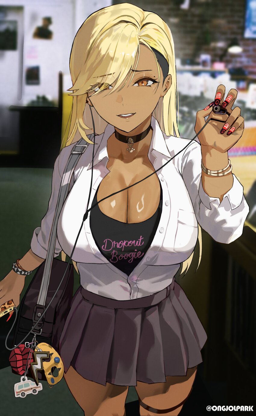 1girl, absurdres, american_idiot, bag, black_choker, black_shirt, blonde_hair, blurry, blurry_background, bracelet, breasts, choker, earphones, green_day, grey_skirt, gyaru, hair_over_one_eye, highres, holding, holding_earphones, jewelry, large_breasts, long_hair, looking_at_viewer, mole, mole_above_eye, nail_polish, orange_eyes, original, park_ongjol, pleated_skirt, rock_fan_gyaru_(park_ongjol), school_bag, shirt, single_earphone_removed, skirt, sleeves_rolled_up, solo, thigh_strap, undershirt, white_shirt
