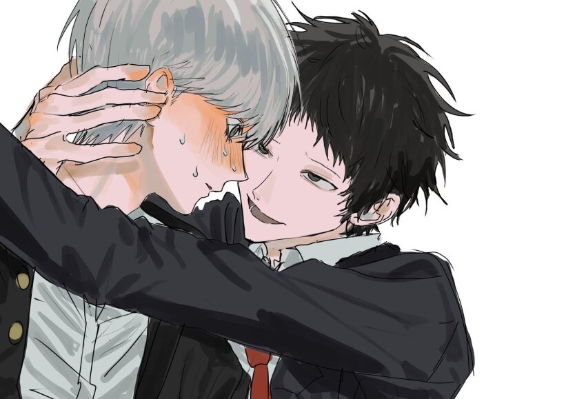 2boys, adachi_tooru, arm_around_neck, black_hair, black_jacket, blush, commentary_request, dress_shirt, gekkoukan_high_school_uniform, grey_eyes, grey_hair, hand_on_another's_ear, highres, highugkomori2, jacket, looking_at_another, male_focus, multiple_boys, narukami_yu, necktie, nose_blush, open_clothes, open_jacket, open_mouth, parted_lips, persona, persona_4, portrait, red_necktie, school_uniform, shirt, short_hair, simple_background, smile, sweat, white_background, white_shirt, yaoi