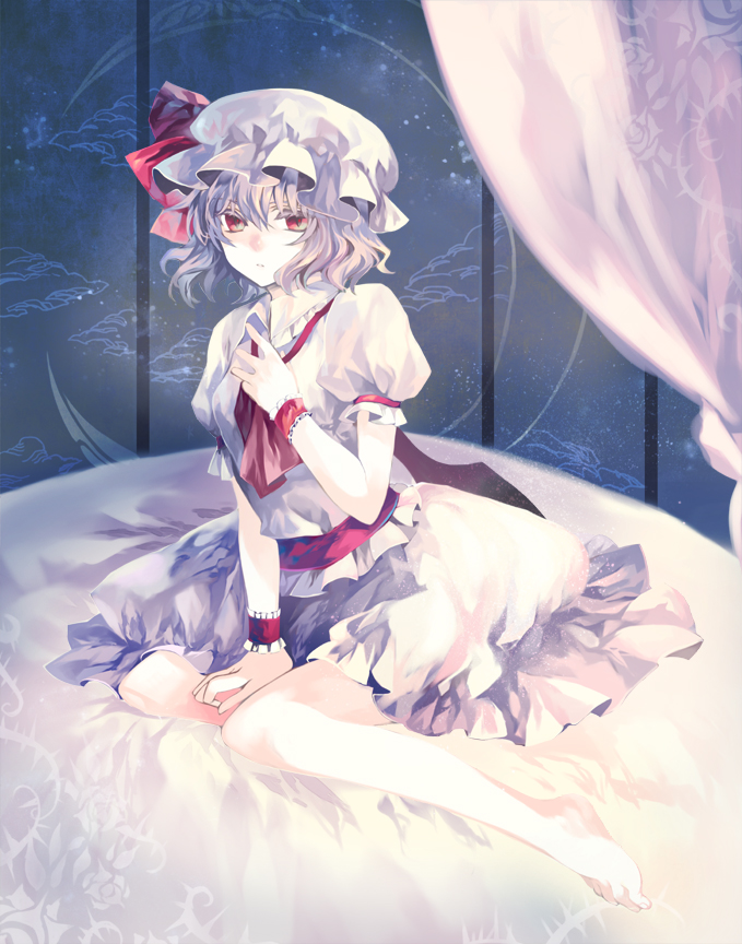 1girl, ascot, bad_id, bad_pixiv_id, bare_legs, barefoot, bed, between_legs, bow, canopy_bed, dress, female_focus, fori, hand_between_legs, hat, hat_bow, light_purple_hair, red_eyes, remilia_scarlet, rin_(harakiri), short_hair, sitting, solo, touhou, wrist_cuffs