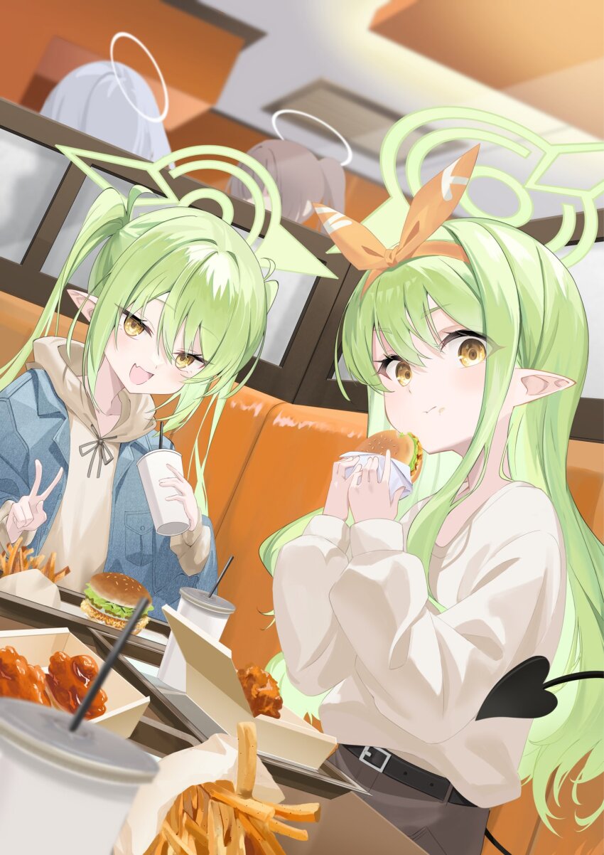 2girls, :d, alternate_costume, belt, black_belt, blue_archive, blurry, blush, burger, casual, closed_mouth, commentary, cowboy_shot, cup, demon_girl, demon_tail, denim, denim_jacket, depth_of_field, disposable_cup, eating, eyelashes, eyes_visible_through_hair, fang, food, food_on_face, french_fries, green_hair, green_halo, hair_between_eyes, hair_intakes, hair_ribbon, halo, hands_up, highres, hikari_(blue_archive), hikari_(mom's_touch)_(blue_archive), holding, holding_burger, holding_cup, holding_food, indoors, jacket, long_hair, long_sleeves, looking_at_viewer, multiple_girls, missing_headwear, nozomi_(blue_archive), nozomi_(mom's_touch)_(blue_archive), official_alternate_costume, open_clothes, open_jacket, open_mouth, orange_ribbon, pointy_ears, puffy_long_sleeves, puffy_sleeves, ribbon, siblings, sidelocks, sisters, sitting, skin_fang, smile, tail, tenki_nori, thick_eyebrows, tsurime, twins, twintails, upper_body, v, very_long_hair, yellow_eyes