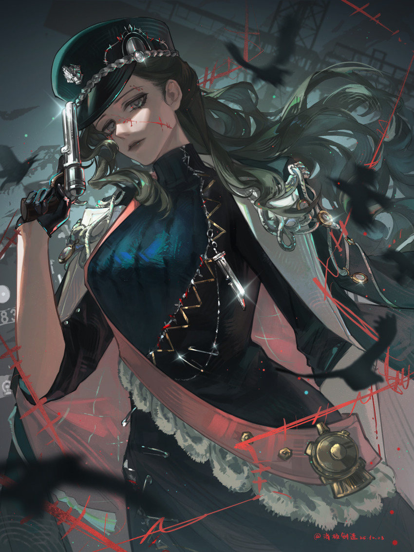 1girl, absurdres, arm_behind_back, artist_name, black_gloves, commentary_request, corvus_(reverse:1999), cowboy_shot, dated, dutch_angle, glint, gloves, grey_eyes, grey_lips, gun, handgun, hat, highres, holding, holding_gun, holding_weapon, lofter_username, long_hair, looking_at_viewer, parted_lips, peaked_cap, reverse:1999, revolver, sash, shoulder_sash, solo, stitched_face, stitches, wavy_hair, weapon, xiaoji_chuangzao